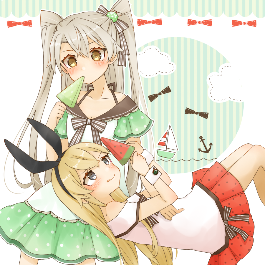 2girls alternate_costume amatsukaze_(kantai_collection) black_hairband black_sailor_collar blonde_hair brown_eyes cocoperino commentary cowboy_shot dress food grey_eyes hair_ribbon hairband kantai_collection lap_pillow long_hair multiple_girls off-shoulder_dress off_shoulder popsicle ribbon sailor_collar sailor_dress shimakaze_(kantai_collection) silver_hair sitting striped striped_ribbon two_side_up watermelon_bar