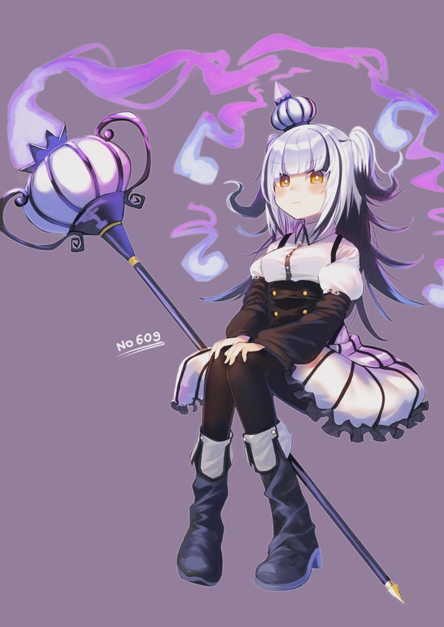 1girl bangs black_footwear black_hair black_legwear blush boots breasts brown_eyes chandelure closed_mouth collared_shirt crown daifukumochi_(akaaokiiwo) dress_shirt eyebrows_visible_through_hair frilled_skirt frills gen_5_pokemon grey_background hands_on_own_knees hitodama juliet_sleeves long_hair long_sleeves looking_at_viewer mini_crown multicolored_hair pantyhose personification pokemon pokemon_number puffy_sleeves shirt silver_hair simple_background skirt small_breasts solo staff striped tilted_headwear two-tone_hair two_side_up v-shaped_eyebrows vertical-striped_skirt vertical_stripes very_long_hair white_shirt white_skirt