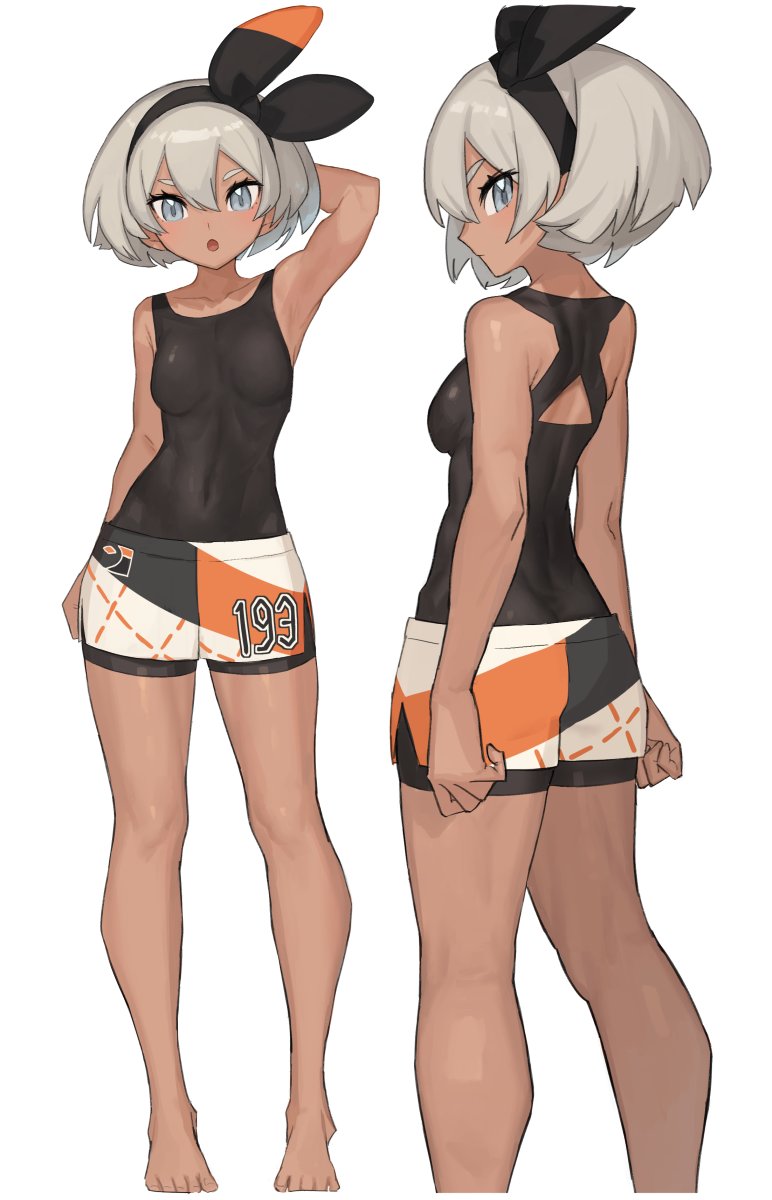 1girl :o arm_behind_back arm_up armpits bangs barefoot black_bodysuit black_hairband bodysuit bodysuit_under_clothes bow breasts chorefuji clenched_hand closed_mouth collarbone commentary_request covered_navel eyelashes feet full_body grey_eyes grey_hair gym_leader hair_between_eyes hairband hand_behind_head highres knees looking_at_viewer looking_back multiple_views number open_mouth pokemon pokemon_(game) pokemon_swsh print_shorts saitou_(pokemon) shiny shiny_hair shorts simple_background standing toes tongue white_background