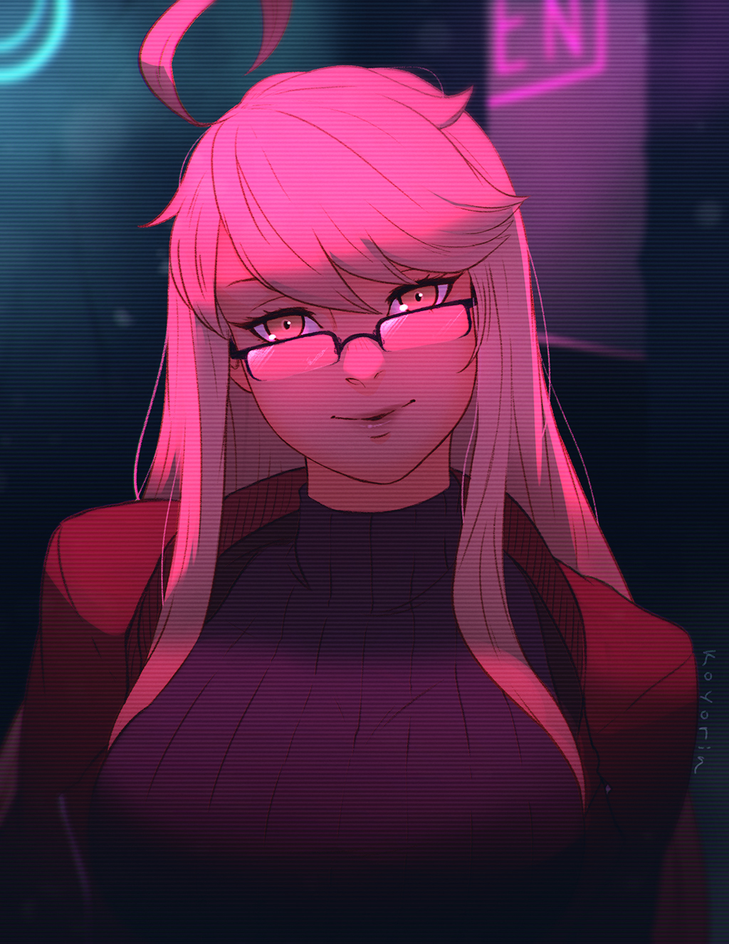 1girl ahoge alma_armas black-framed_eyewear breasts brown_eyes commentary dark_skin english_commentary glasses hair_over_shoulder highres huge_ahoge jacket koyorin large_breasts light_smile lips long_hair looking_at_viewer neon_lights over-rim_eyewear platinum_blonde_hair purple_sweater red_jacket ribbed_sweater semi-rimless_eyewear solo sweater turtleneck turtleneck_sweater va-11_hall-a