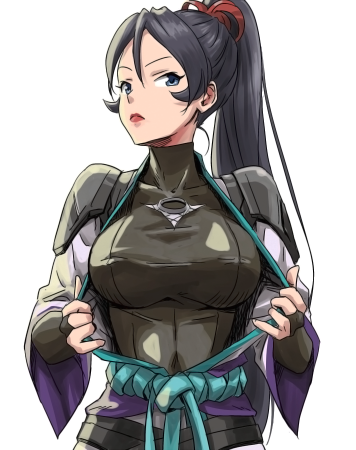 black_hair blue_eyes bodysuit breasts character_request chinese_clothes closed_mouth eyebrows hair_ornament idolmaster idolmaster_cinderella_girls large_breasts lips long_hair looking_at_viewer open_clothes simple_background sugisaka_umi upper_body valorant white_background