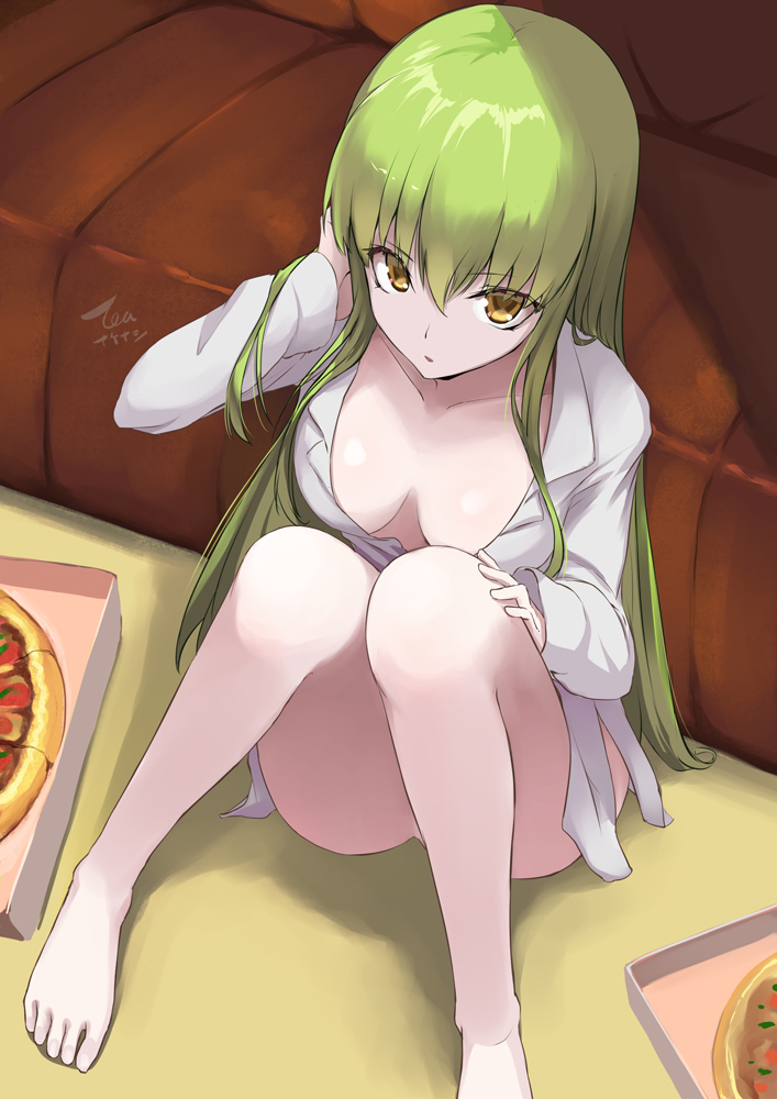 1girl ass breasts c.c. code_geass collared_shirt couch feet food from_above green_hair knees_up long_hair looking_at_viewer medium_breasts naked_shirt on_floor pizza shirt sitting solo tea_(nakenashi) thighs very_long_hair white_shirt yellow_eyes