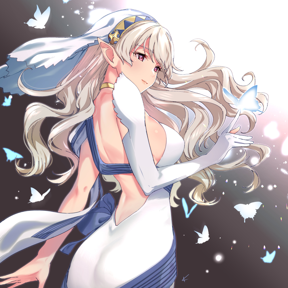 1girl animal ass bug butterfly closed_mouth corrin_(fire_emblem) corrin_(fire_emblem)_(female) cute dragon_girl dress elbow_gloves elf female_my_unit_(fire_emblem_if) fire_emblem fire_emblem_14 fire_emblem_fates fire_emblem_heroes fire_emblem_if gloves insect intelligent_systems kamui_(fire_emblem) kamui_(fire_emblem)_(girl) long_hair manakete misu_kasumi my_unit_(fire_emblem_if) nintendo parted_lips pointy_ears red_eyes single_elbow_glove solo super_smash_bros. white_dress white_gloves white_hair