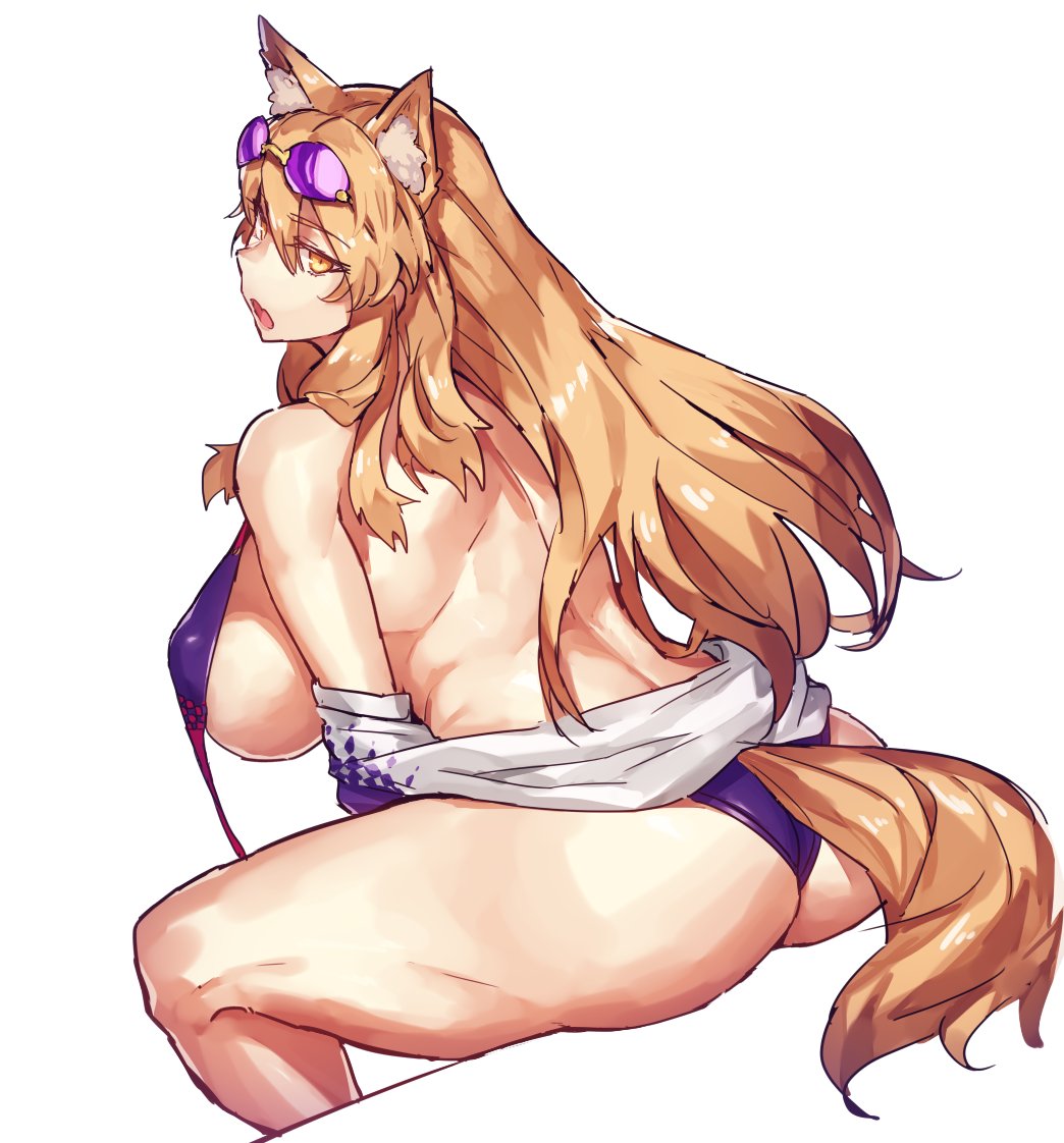 1girl animal_ears ass bikini breasts brown_eyes brown_hair eyewear_on_head fate/extra fate/extra_ccc fate/extra_ccc_fox_tail fate/grand_order fate_(series) fox_ears fox_tail from_behind large_breasts long_hair melon22 sideboob sunglasses suzuka_gozen_(fate) swimsuit tail untied untied_bikini
