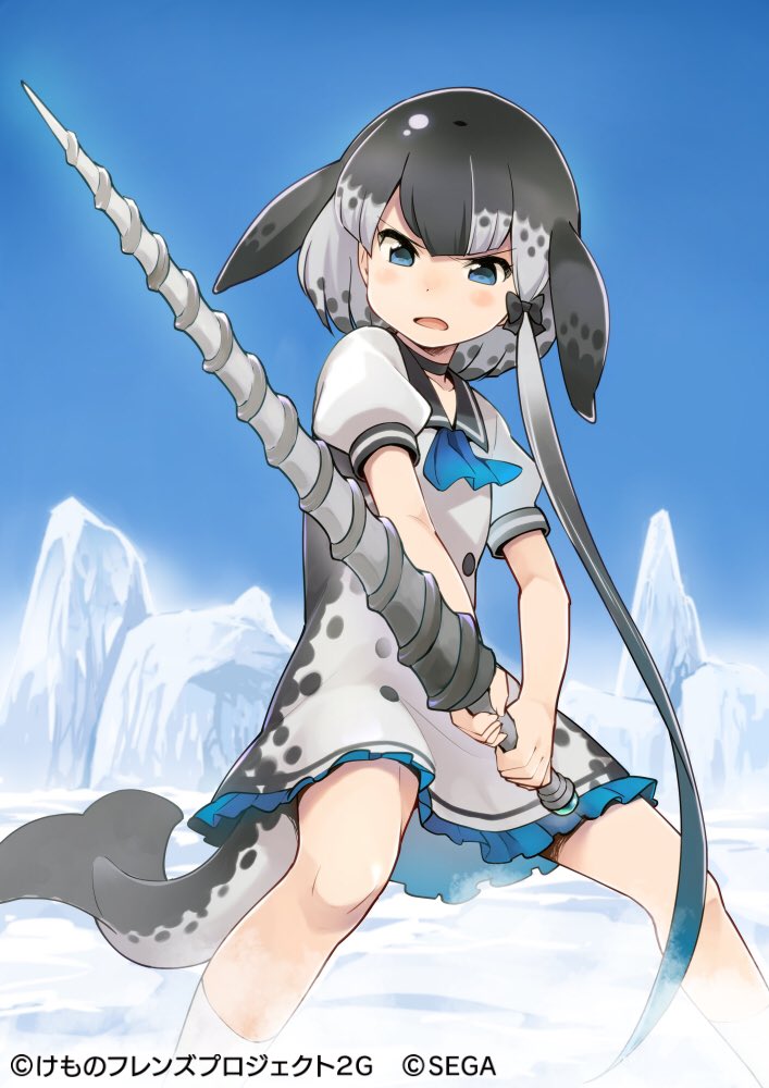 1girl black_bow black_hair black_neckwear blowhole blue_eyes blue_frills blue_neckwear blush bow choker commentary_request denchuubou dolphin_tail dress eyebrows_visible_through_hair frilled_dress frills grey_dress grey_hair hair_bow kemono_friends kemono_friends_3 narwhal_(kemono_friends) neckerchief official_art polearm puffy_short_sleeves puffy_sleeves sailor_collar sailor_dress short_hair short_hair_with_long_locks short_sleeves socks solo spear tail weapon white_legwear