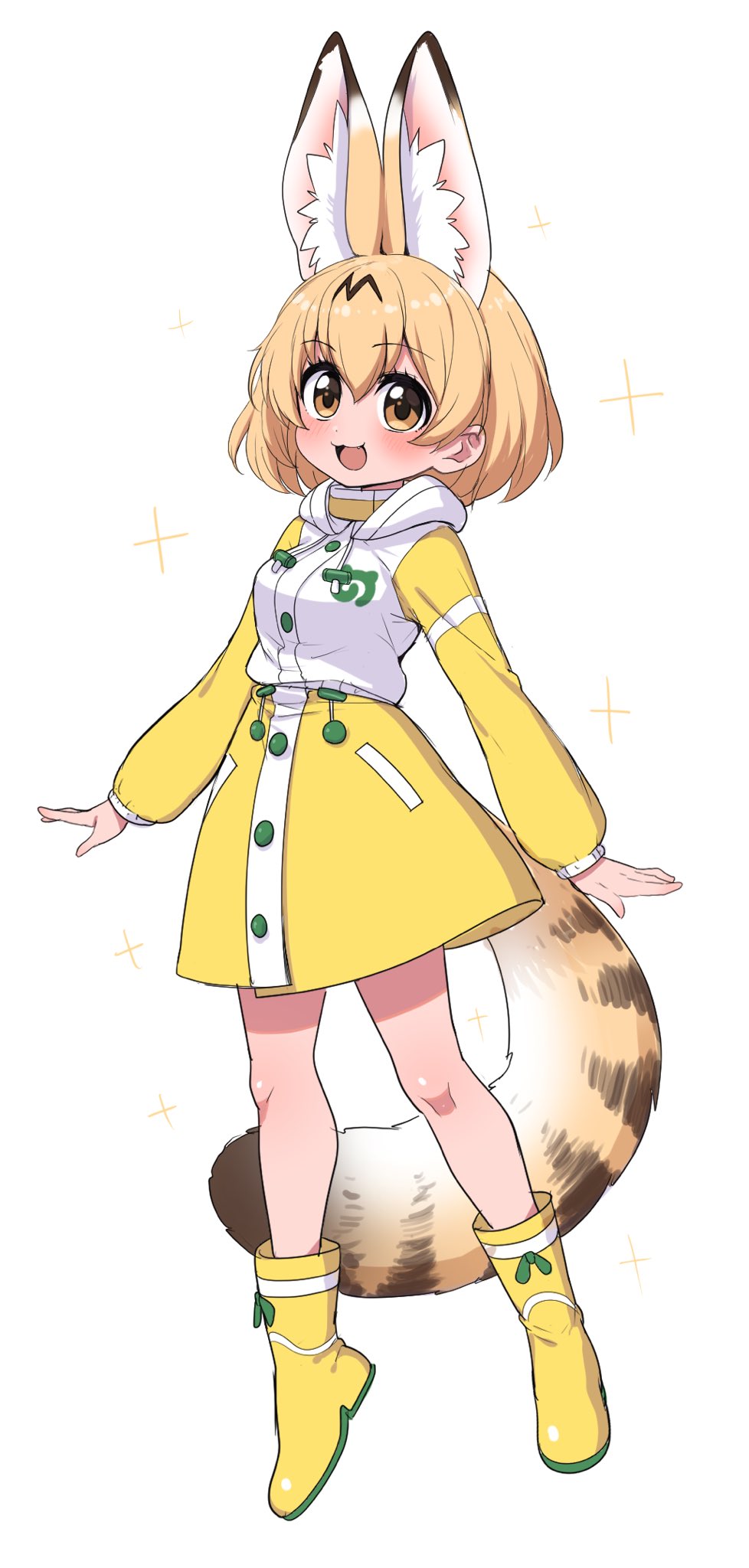 1girl :3 alternate_costume animal_ears blonde_hair blush boots commentary_request extra_ears highres hood hood_down kemono_friends kemono_friends_3 long_sleeves looking_at_viewer open_mouth raincoat ransusan rubber_boots serval_(kemono_friends) serval_ears serval_girl serval_print serval_tail shirt short_hair skirt solo tail white_shirt yellow_eyes yellow_footwear yellow_shirt yellow_skirt