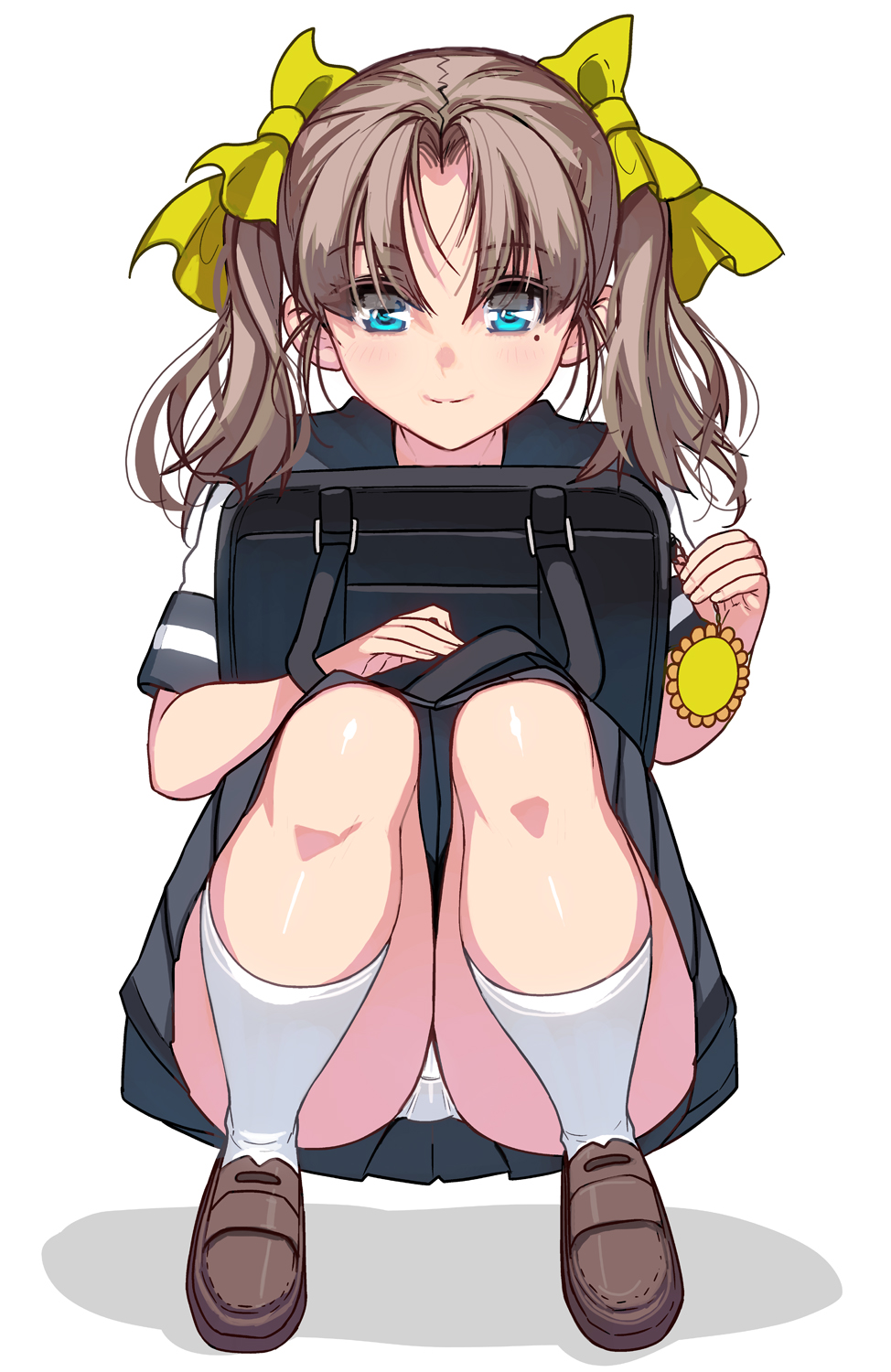 1girl ass bag blue_eyes brown_hair full_body hair_ribbon highres kneehighs loafers looking_at_viewer masao mole mole_under_eye original panties pantyshot photoshop_(medium) pleated_skirt revision ribbon school_bag school_uniform serafuku shoes simple_background skirt smile solo squatting twintails underwear white_background white_legwear