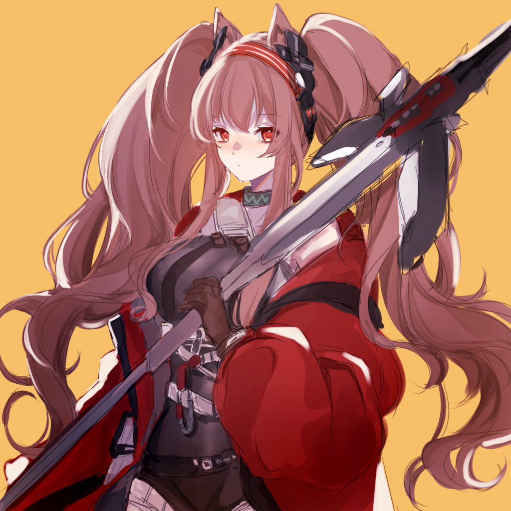1girl angelina_(arknights) animal_ears arknights black_choker black_gloves black_shirt breasts brown_hair chinese_commentary choker closed_mouth cowboy_shot earpiece expressionless floating_hair fox_ears gloves hairband holding holding_staff jacket large_breasts long_hair looking_at_viewer open_clothes open_jacket orange_background red_eyes red_jacket shirt sideboob simple_background solo staff strap syuyu0220 taut_clothes twintails