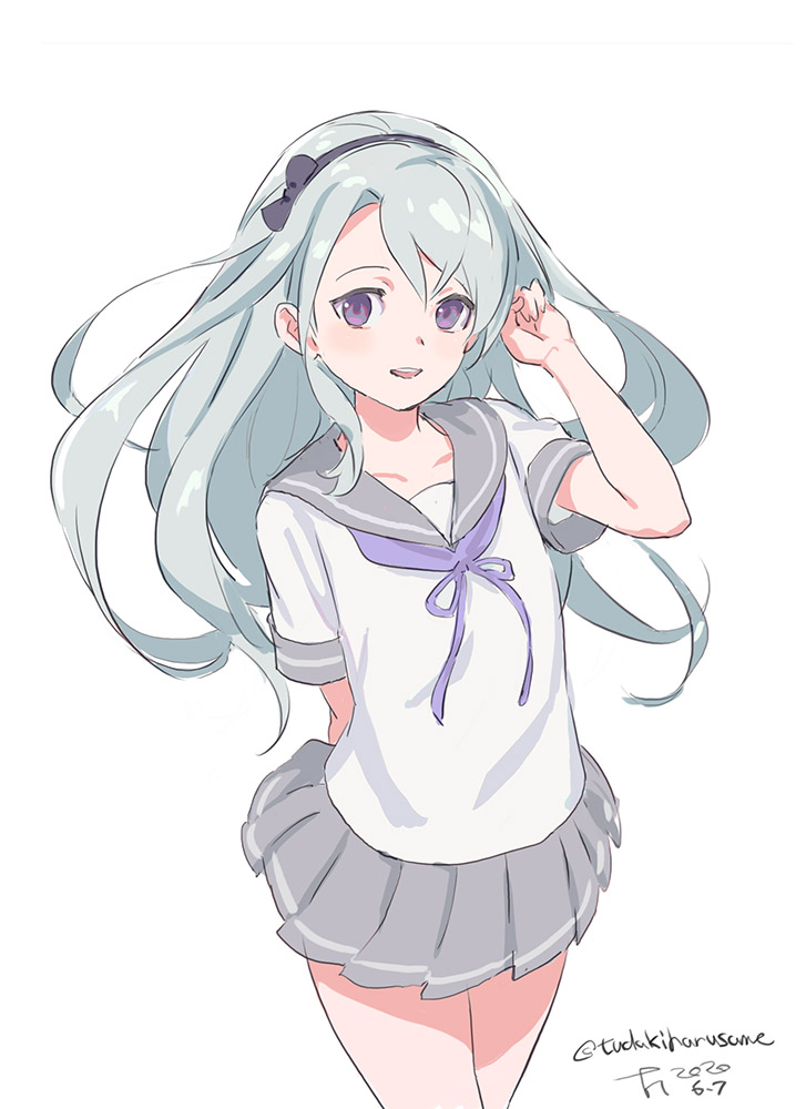 1girl asymmetrical_bangs bangs blue_bow blue_hairband bow commentary_request cowboy_shot grey_ribbon grey_sailor_collar grey_skirt hairband harusame_tsubaki kantai_collection long_hair pleated_skirt sagiri_(kantai_collection) sailor_collar school_uniform serafuku short_sleeves silver_hair simple_background skirt smile solo swept_bangs violet_eyes white_background