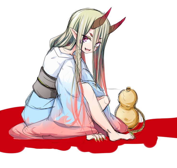 1girl :d bangs barefoot blonde_hair blood blue_kimono fang full_body gourd green_nails hair_between_eyes horns japanese_clothes kimono kuena long_hair long_sleeves looking_at_viewer nail_polish obi oni oni_horns open_mouth original pointy_ears sash short_eyebrows sitting sketch sleeves_past_wrists smile solo thick_eyebrows toenail_polish very_long_hair violet_eyes white_background wide_sleeves