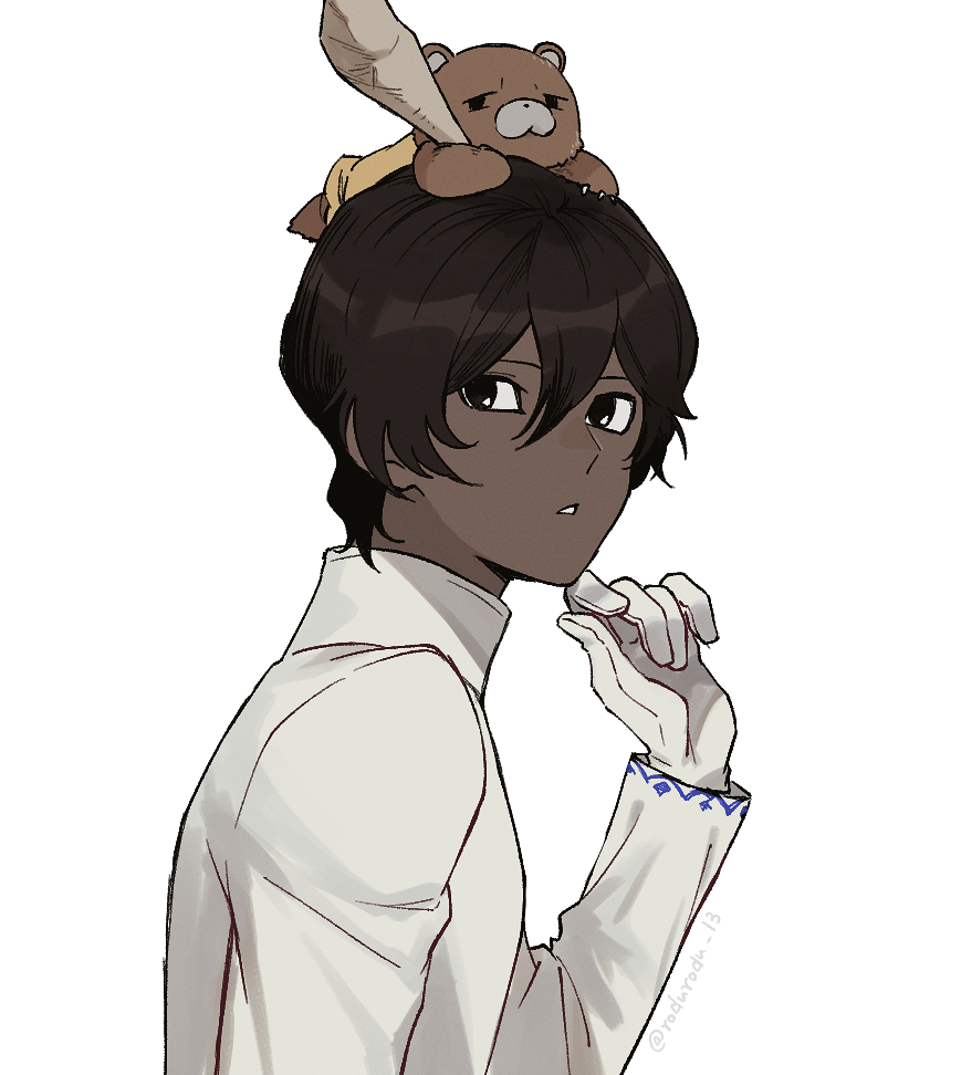 1boy arjuna_(fate/grand_order) bangs black_hair dark_skin dark_skinned_male fate/grand_order fate_(series) gloves hair_between_eyes hand_on_own_face long_sleeves looking_at_viewer male_focus on_head orion_(fate/grand_order) rozu_ki solo stuffed_animal stuffed_toy teddy_bear white_background white_gloves