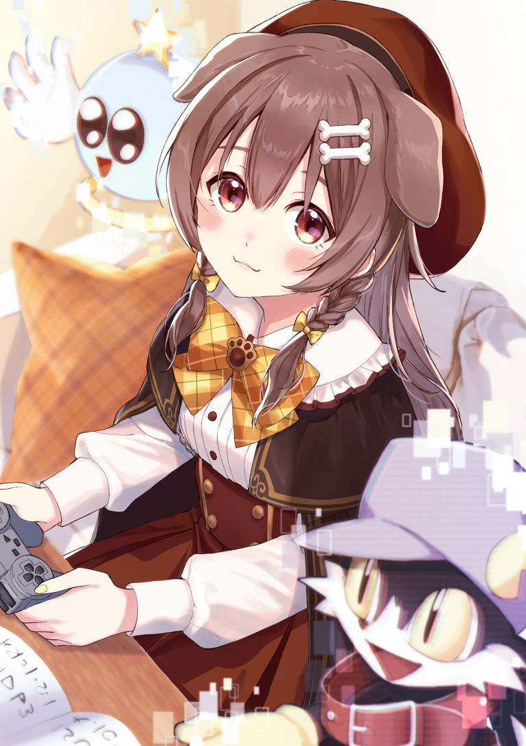 1girl animal_ears bangs blush bone_hair_ornament braid breasts brown_capelet brown_eyes brown_hair character_request collar commentary_request controller dog_ears dog_girl frills from_above gotounoriji hair_between_eyes hair_ornament holding hololive inugami_korone long_hair long_sleeves looking_at_viewer pillow red_skirt shirt sitting skirt smile twin_braids virtual_youtuber white_shirt yellow_nails