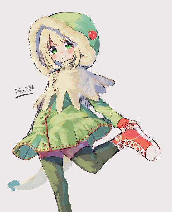 1girl bangs blonde_hair blush_stickers boots breloom brown_capelet closed_mouth cross-laced_footwear daifukumochi_(akaaokiiwo) dress eyebrows_visible_through_hair fingerless_gloves fur-trimmed_hood fur_trim gen_3_pokemon gloves green_dress green_eyes green_legwear grey_background hood hood_up lace-up_boots long_sleeves personification pokemon pokemon_number red_footwear red_gloves simple_background sleeves_past_wrists smile solo standing standing_on_one_leg tail thigh-highs thighhighs_under_boots