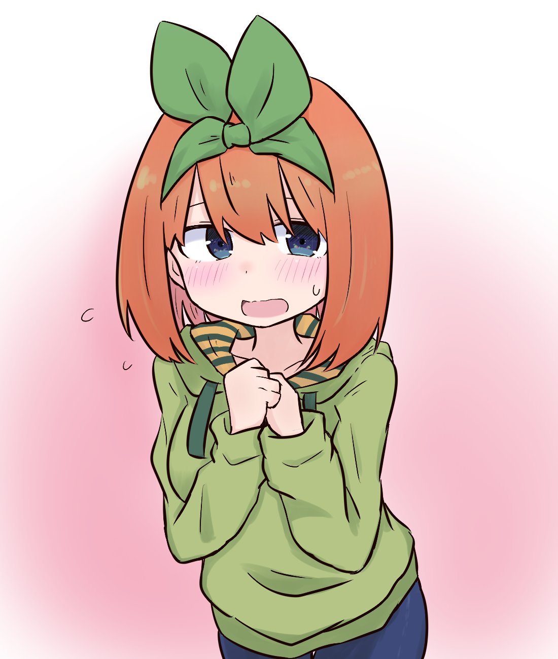 1girl bangs blue_eyes blue_pants blush commentary_request drawstring eyebrows_behind_hair flying_sweatdrops go-toubun_no_hanayome gradient gradient_background green_hoodie green_ribbon hair_between_eyes hair_ribbon hands_up highres hood hood_down hoodie kujou_karasuma long_sleeves looking_at_viewer nakano_yotsuba open_mouth orange_hair pants pink_background ribbon sleeves_past_wrists solo sweat wavy_mouth white_background