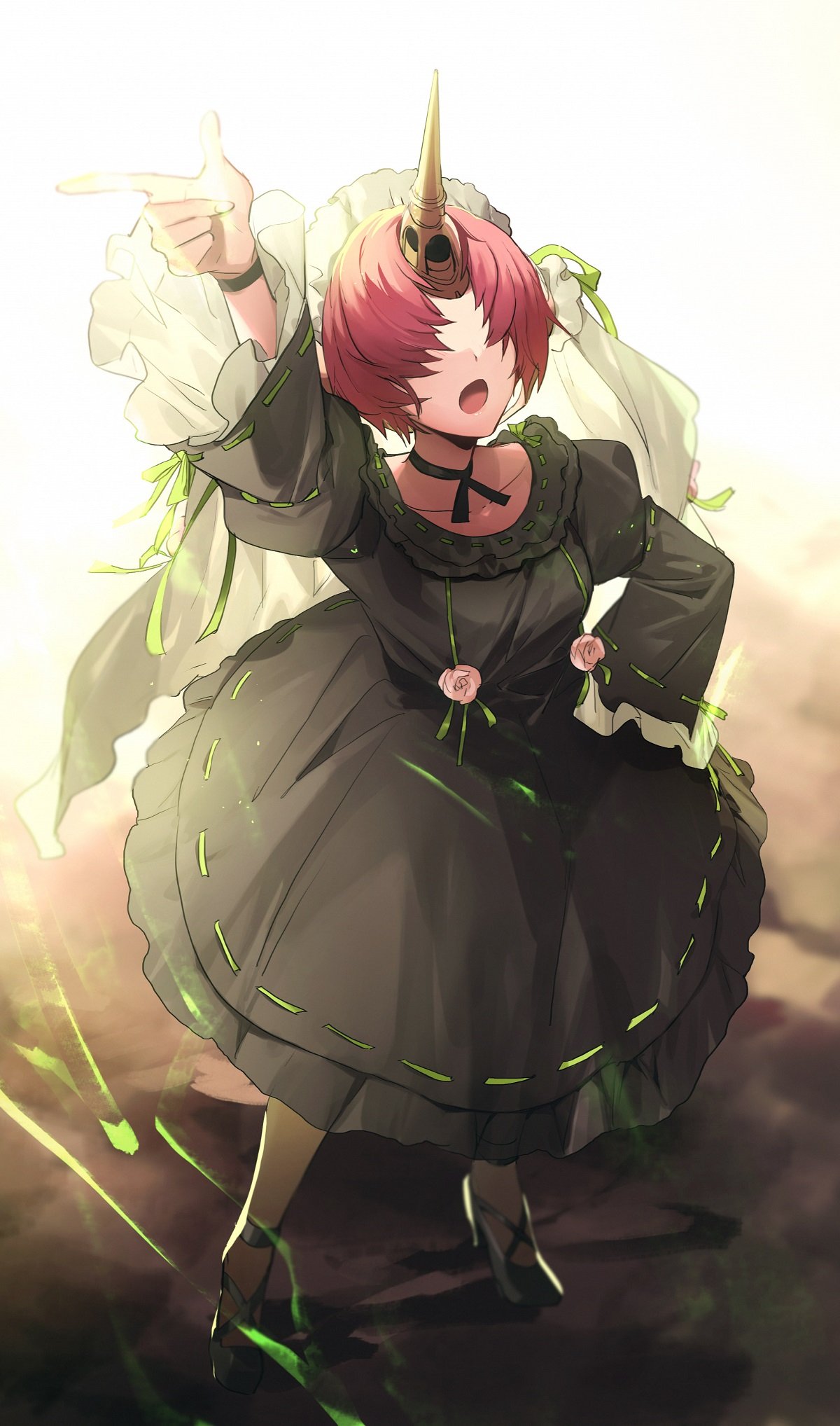 1girl bangs black_dress dress fate/apocrypha fate/grand_order fate_(series) flower frankenstein's_monster_(fate) frilled_dress frills from_above full_body gloves hair_over_eyes hand_on_hip highres horns looking_at_viewer neck_ribbon no-kan open_mouth pink_hair pointing pointing_up ribbon shoes short_hair single_horn solo sunlight wind