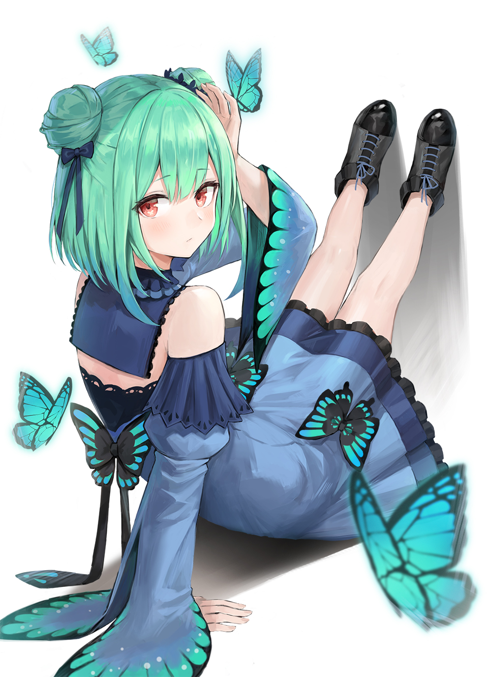 1girl arm_support arm_up bare_legs bare_shoulders black_footwear blue_dress bug butterfly detached_collar detached_sleeves double_bun dress from_behind fuwawa_(fuwawa617) green_hair hair_ribbon highres hololive insect juliet_sleeves legs_up long_sleeves looking_at_viewer looking_back puffy_sleeves red_eyes ribbon shadow shoes short_hair simple_background sitting solo uruha_rushia virtual_youtuber white_background wide_sleeves