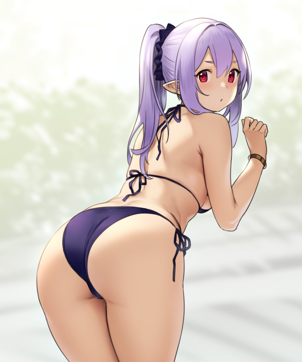 1girl ass bangs bare_arms bare_shoulders bikini bracelet breasts elf from_behind hair_intakes hair_ornament hair_scrunchie highres houtengeki jewelry leaning_forward looking_at_viewer looking_back medium_breasts original pointy_ears ponytail purple_hair red_eyes scrunchie side-tie_bikini sideboob sidelocks solo swimsuit white_background