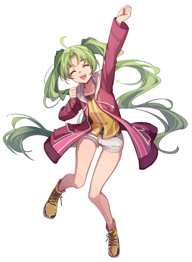 1girl ^_^ ^o^ ahoge ao_no_kiseki arm_up bangs bare_legs black_shirt breasts chinese_commentary closed_eyes commentary cross-laced_footwear eiyuu_densetsu eyebrows_visible_through_hair feng_you full_body green_hair hood hooded_jacket jacket kea_(eiyuu_densetsu) long_hair long_sleeves looking_at_viewer open_clothes open_jacket open_mouth parted_bangs red_jacket sen_no_kiseki sen_no_kiseki_4 shirt shoes short_shorts shorts simple_background small_breasts smile solo thighs twintails undershirt white_background white_shorts yellow_footwear yellow_shirt zero_no_kiseki