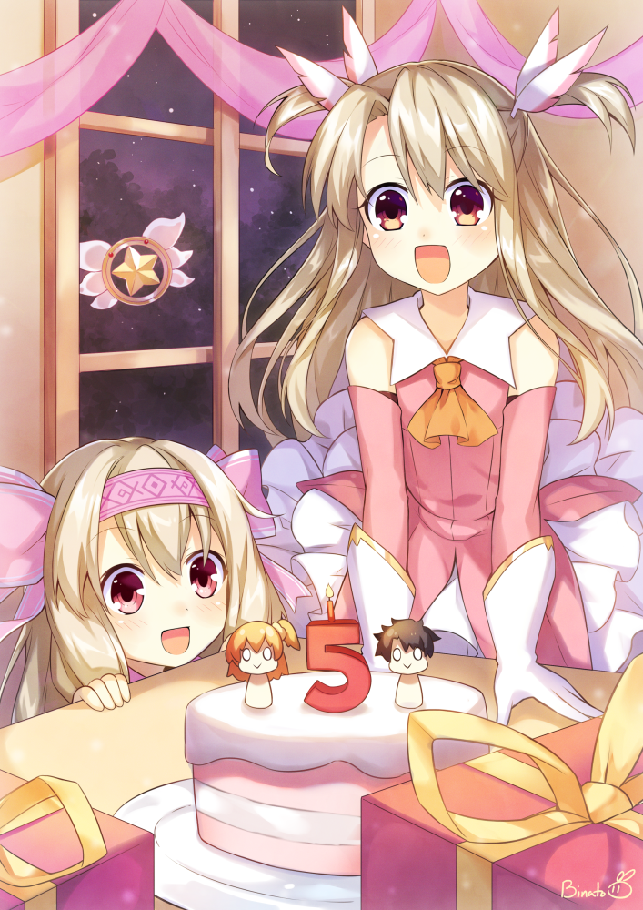 2girls anniversary ascot bangs bare_shoulders binato_lulu blonde_hair bow box cake commentary_request detached_sleeves dress eyebrows_visible_through_hair fate/kaleid_liner_prisma_illya fate_(series) food gift gift_box gloves hair_between_eyes hair_bow hairband hand_on_table illyasviel_von_einzbern indoors long_hair looking_at_viewer magical_girl multiple_girls night night_sky open_mouth orange_neckwear pink_dress red_eyes sitonai sky sleeveless sleeveless_dress two_side_up white_gloves window