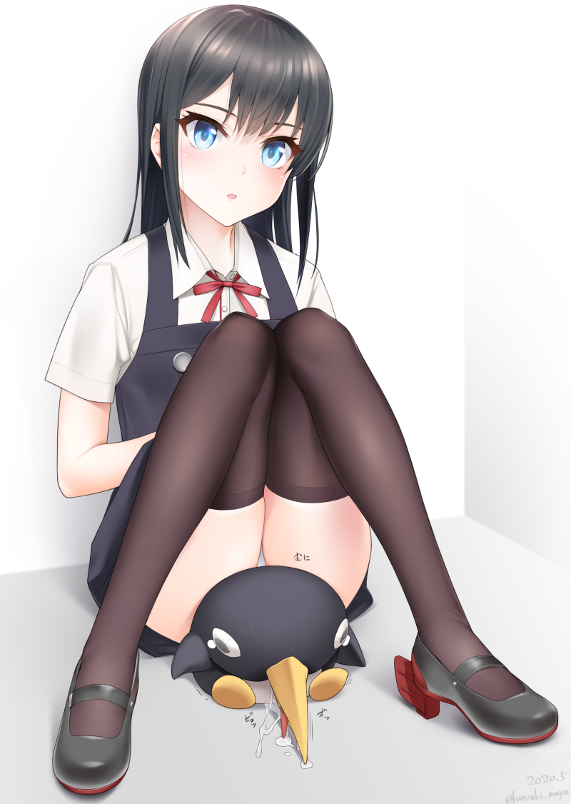 1girl 1other alternate_sleeve_length asashio_(kantai_collection) belt bird black_hair black_legwear blue_eyes commentary_request dress failure_penguin full_body kantai_collection kanzaki_muyu long_hair penguin pinafore_dress rudder_footwear shirt short_sleeves sitting sitting_on_animal thigh-highs white_background white_shirt