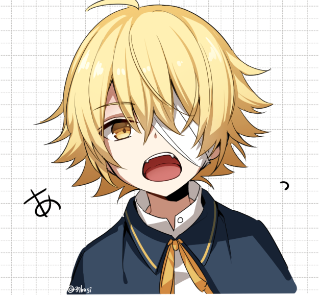 1boy bandage_over_one_eye blonde_hair blue_capelet capelet commentary fangs grid_background looking_at_viewer male_focus minahoshi_taichi neck_ribbon oliver_(vocaloid) open_mouth ribbon shirt solo translated twitter_username upper_body vocaloid white_shirt yellow_eyes yellow_neckwear