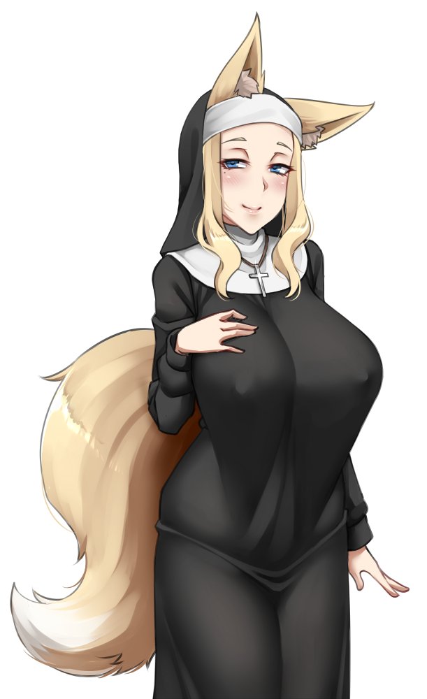 1girl animal_ear_fluff animal_ears blonde_hair blue_eyes breasts commentary covered_nipples cowboy_shot cross cross_necklace ears_through_headwear fox_ears fox_girl fox_tail habit half-closed_eyes hand_on_own_chest jewelry large_breasts long_sleeves looking_at_viewer mole mole_under_eye necklace nun original sidelocks simple_background smile solo symbol_commentary tail twrlare white_background