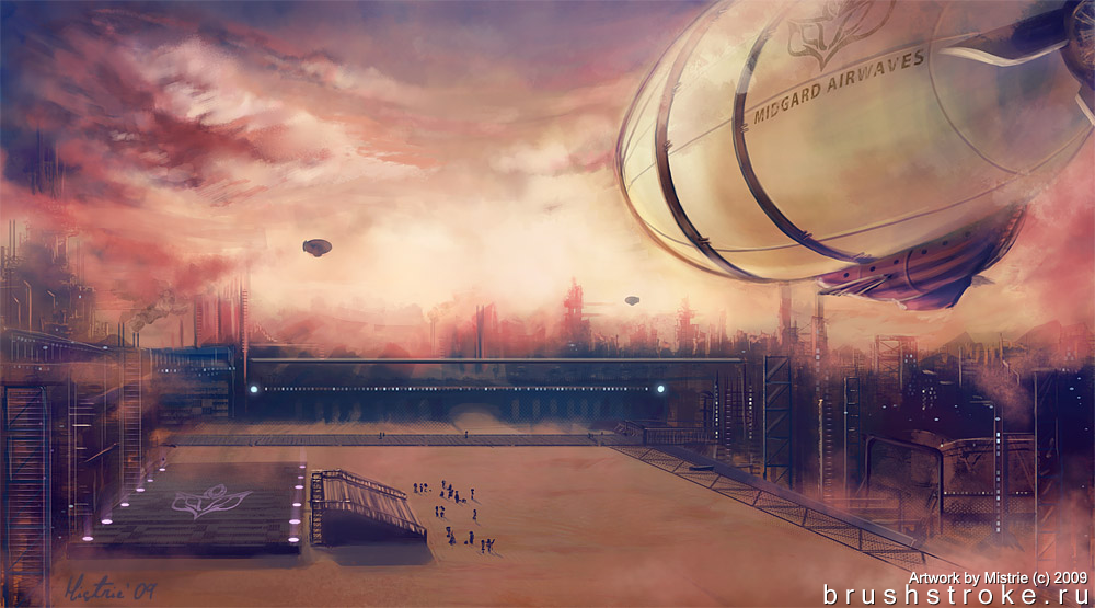 6+others aircraft artist_name brown_sky city clouds commentary day dirigible ekaterina_orange emblem english_commentary factory in-universe_location multiple_others outdoors people ragnarok_online scenery signature smog smoke web_address