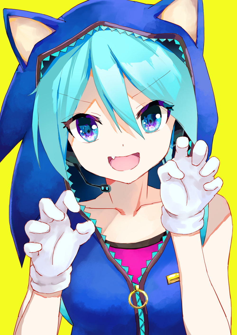 1girl aqua_eyes aqua_hair bare_shoulders blue_jacket claw_pose collarbone commentary cosplay fang gloves hatsune_miku headset hedgehog_ears highres hood hoodie jacket jewelry looking_at_viewer microphone open_mouth ring sleeveless sleeveless_jacket smile solo sonic sonic_(cosplay) sonic_the_hedgehog takepon1123 upper_body v-shaped_eyebrows vocaloid white_gloves yellow_background zipper_pull_tab