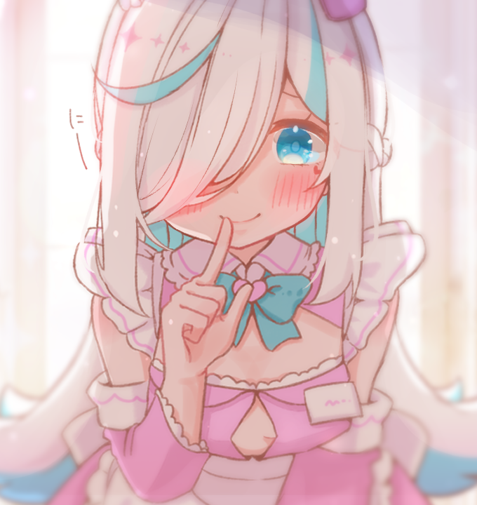 1girl aqua_eyes aqua_hair aqua_ribbon arm_up artist_request bangs blurry blush bokeh breasts character_request depth_of_field detached_sleeves dress finger_to_mouth frilled_dress frills hair_over_one_eye ilu_fluor indoors leaning_forward long_hair looking_at_viewer multicolored_hair original pink_dress pink_theme ribbon shushing sitting sleeveless sleeveless_dress smile solo streaked_hair sunlight tagme two-tone_hair very_long_hair white_hair