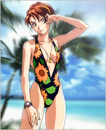 1990s_(style) 1girl arm_up beach casual_one-piece_swimsuit center_opening cowboy_shot day floral_print hairband halterneck jewelry light_smile looking_at_viewer lowres necklace official_art one-piece_swimsuit outdoors photo_background red_eyes redhead short_hair solo swimsuit takiguchi_shouko watch watch yamada_masaki zenkoku_seifuku_bishoujo_grand_prix