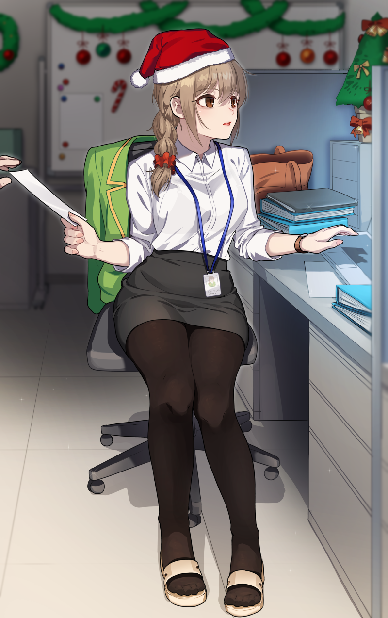 1girl bra_visible_through_clothes braid bralines breasts brown_eyes brown_hair chair christmas full_body hat highres id_card idolmaster idolmaster_cinderella_girls kamille_(vcx68) lanyard large_breasts looking_to_the_side medium_breasts office office_chair office_lady open_mouth pantyhose pencil_skirt sandals santa_hat see-through senkawa_chihiro shirt shirt_tucked_in sitting skirt white_shirt