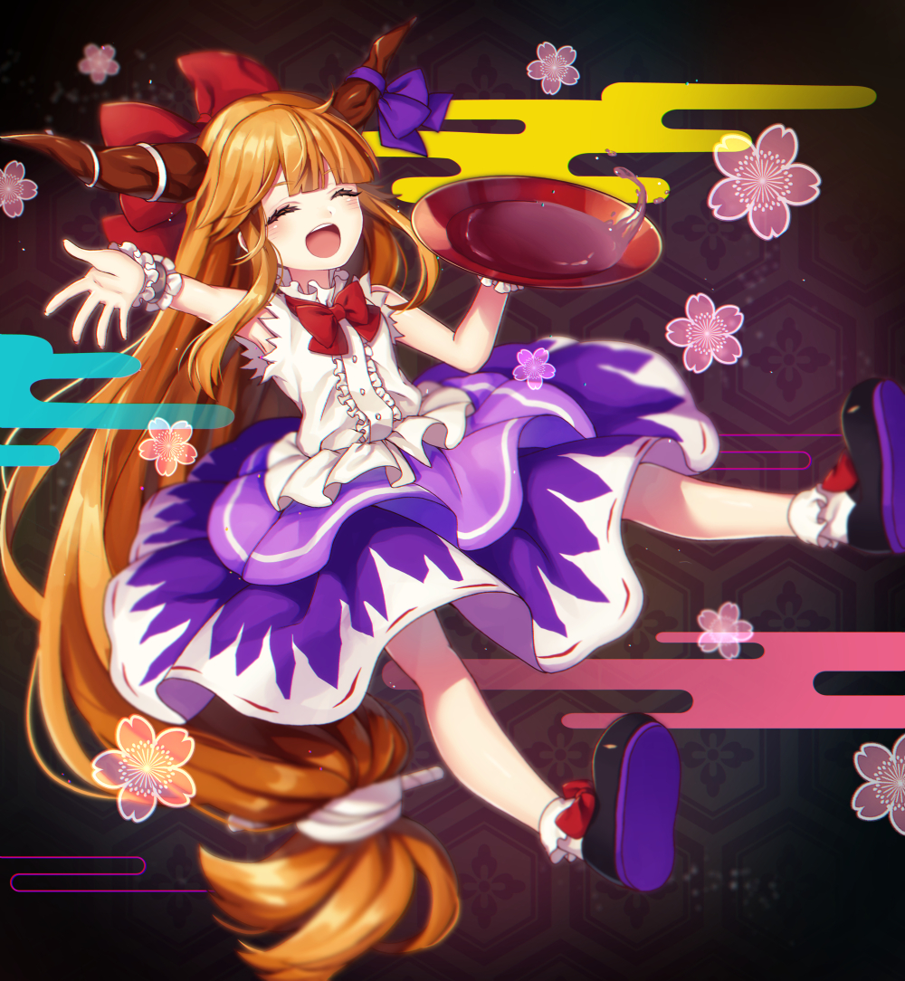 1girl alcohol bangs bobby_socks bow bowtie center_frills closed_eyes cup flower full_body hair_bow horn_ribbon horns ibuki_suika kyouda_suzuka long_hair low-tied_long_hair oni_horns open_mouth orange_hair purple_skirt red_bow red_neckwear ribbon sakazuki sake shirt shoe_bow shoes skirt sleeveless sleeveless_shirt socks solo touhou upper_teeth very_long_hair white_shirt wrist_cuffs