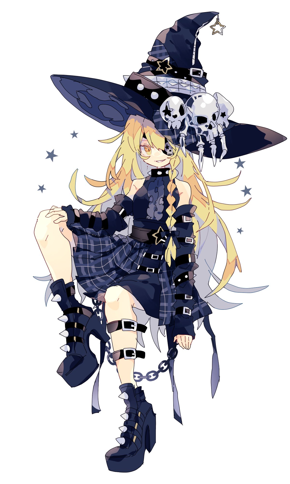 1girl bare_shoulders black_collar black_eyepatch blonde_hair buckle chain collar hat high_heels highres invisible_chair large_hat nikorashi-ka orange_eyes original parted_lips plaid plaid_skirt simple_background sitting skirt skull smile solo spiked_collar spikes star_(symbol) white_background witch witch_hat