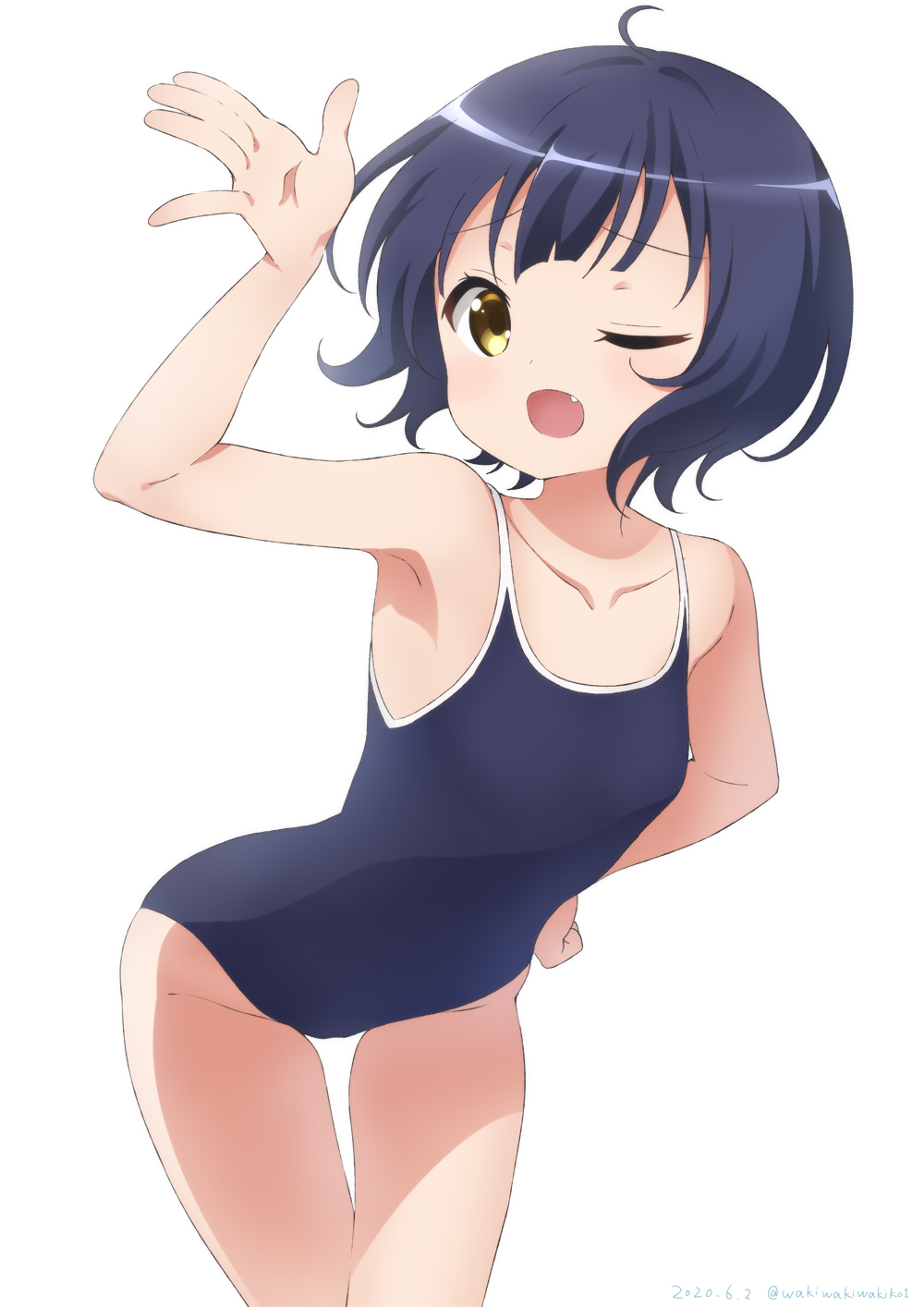 ;d arm_up armpits bangs bare_arms bare_shoulders black_hair black_swimsuit blush breasts brown_eyes collarbone commentary_request dated eyebrows_visible_through_hair fang gochuumon_wa_usagi_desu_ka? groin hand_on_hip highres jouga_maya leaning_forward looking_at_viewer neki_(wakiko) new_school_swimsuit one-piece_swimsuit one_eye_closed open_mouth school_swimsuit short_hair simple_background small_breasts smile swimsuit thigh_gap twitter_username white_background
