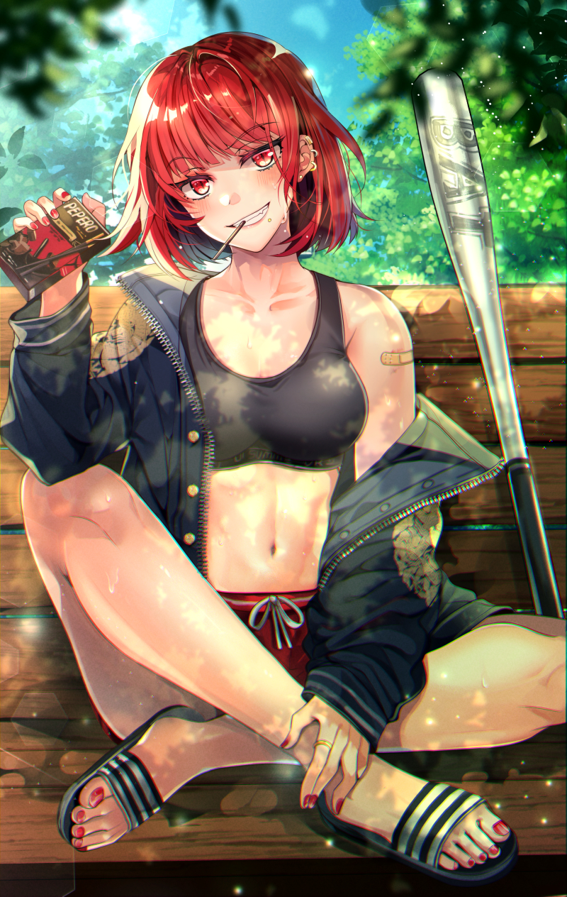 1girl bandaid bangs bare_shoulders baseball_bat beach blue_sky blunt_bangs blush breasts chocho_(homelessfox) day earrings eyebrows_visible_through_hair food grin highres indian_style jacket jewelry looking_at_viewer navel off_shoulder original outdoors pocky red_eyes red_nails redhead sandals short_hair shorts sitting sky slit_pupils smile solo sports_bra sweat