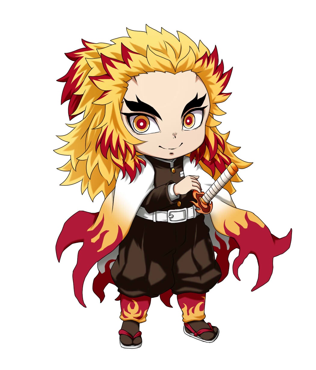 1boy belt belt_buckle black_jacket black_legwear black_pants blonde_hair brown_eyes buckle chibi closed_mouth forehead full_body highres jacket katana kimetsu_no_yaiba kuena male_focus multicolored_hair pants puffy_pants redhead rengoku_kyoujurou simple_background smile socks solo standing sword two-tone_hair v-shaped_eyebrows weapon white_background white_belt white_footwear zouri