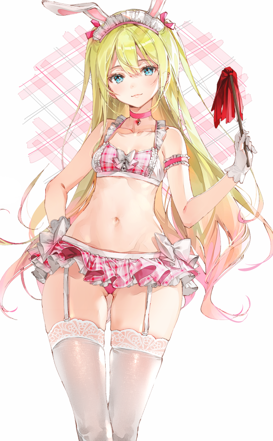 1girl :3 animal_ears arm_garter ass_visible_through_thighs bare_arms bare_shoulders blonde_hair blue_eyes breasts choker collarbone crop_top dsmile duster frills garter_straps gloves gradient_hair groin hair_between_eyes hair_ribbon hand_on_hip headdress holding long_hair looking_at_viewer maid maid_headdress microskirt midriff multicolored_hair navel original panties pantyshot pink_choker pink_panties pink_skirt plaid rabbit_ears revealing_clothes ribbon sidelocks skirt sleeveless small_breasts smile solo standing stomach thigh-highs thighs two_side_up underwear very_long_hair white_gloves white_legwear