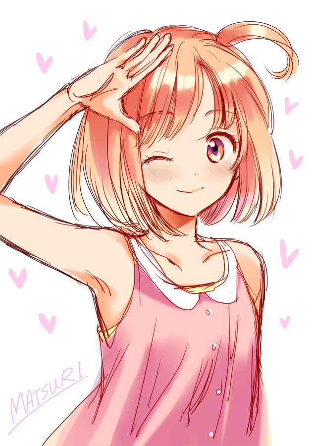 1girl ahoge armpits blush brown_eyes camisole character_name collarbone commentary eyebrows_visible_through_hair heart himawari-san kazamatsuri_matsuri light_brown_hair looking_at_viewer medium_hair one_eye_closed pink_camisole simple_background smile solo sugano_manami upper_body white_background