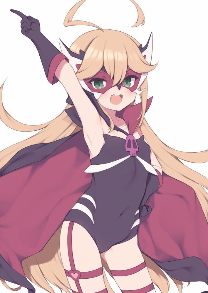1girl ahoge armpits arms_up black_gloves blonde_hair cape covered_navel doronjo gamuo gloves green_eyes hand_on_hip leopard_(yatterman) long_hair looking_at_viewer mask open_mouth simple_background solo teeth time_bokan_(series) upper_teeth white_background yatterman yoru_no_yatterman