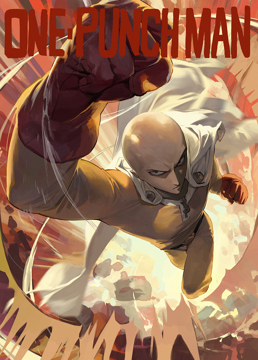 1boy bald belt bodysuit cape copyright_name gloves highres looking_at_viewer mossi one-punch_man punching red_gloves saitama_(one-punch_man) uppercut white_cape yellow_bodysuit