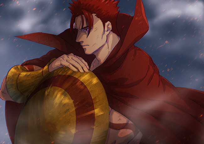 1boy armor bangs bracer cape collar fate/grand_order fate_(series) from_side holding iduhara_jugo leonidas_(fate/grand_order) looking_to_the_side male_focus muscle parted_bangs red_cape red_eyes redhead shield simple_background solo tattoo upper_body