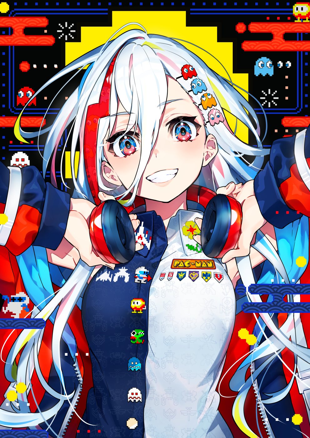 1girl armpits arms_up bandai_namco bare_shoulders blue_eyes breasts collared_shirt colorful denonbu dig_dug egasumi galaga grin hair_between_eyes hair_ornament hairclip head_tilt headphones headphones_around_neck highres holding houou_karin jacket long_hair long_sleeves looking_at_viewer mika_pikazo multicolored multicolored_eyes multicolored_hair official_art open_clothes open_jacket original pac-man_(game) red_jacket seigaiha shirt sleeveless sleeveless_shirt small_breasts smile solo two-tone_hair two-tone_shirt upper_body white_hair