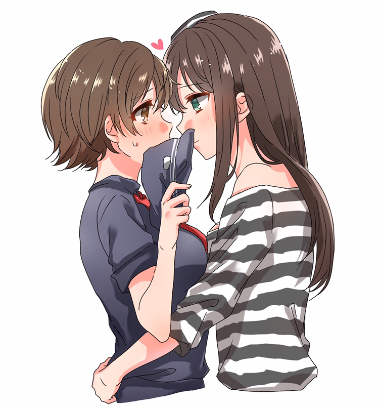 2girls blue_shirt blush brown_eyes brown_hair closed_mouth cropped_torso eye_contact from_side green_eyes heart holding honda_mio hug idolmaster idolmaster_cinderella_girls long_hair looking_at_another multiple_girls na_greentea0302 necktie off-shoulder_shirt off_shoulder red_neckwear shibuya_rin shiny shiny_hair shirt short_hair short_sleeves simple_background sketch smile striped striped_shirt white_background yuri