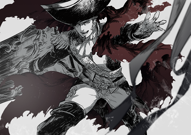 1boy bara beard belt boots cannon cape collar cravat dynamic_pose epaulettes facial_hair fate/grand_order fate_(series) fringe_trim gloves goatee greyscale huge_weapon iduhara_jugo long_sleeves looking_at_viewer male_focus military military_uniform monochrome napoleon_bonaparte_(fate/grand_order) pants partially_colored sash sideburns simple_background solo thighs tight uniform weapon white_pants