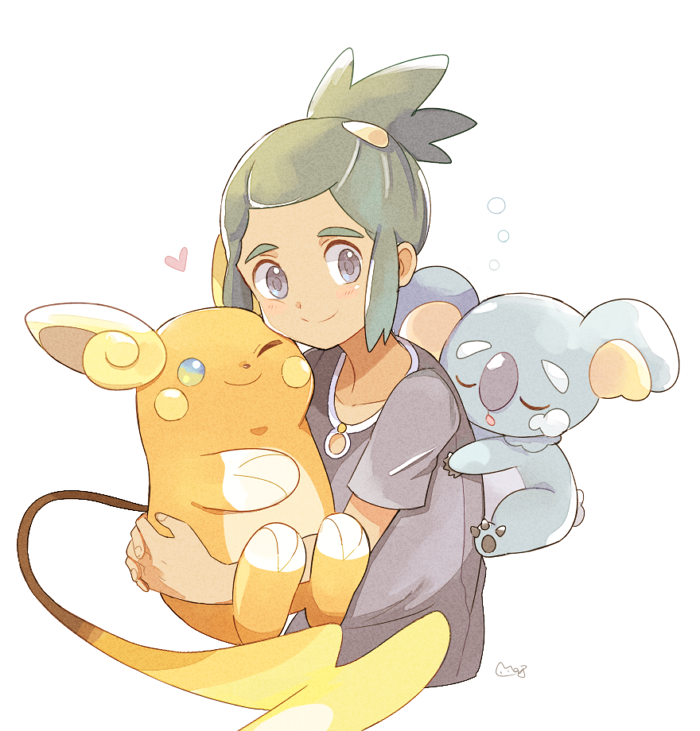 1boy ;) alolan_form alolan_raichu bangs_pinned_back black_shirt blue_eyes blush closed_eyes commentary_request creature cropped_torso dark_skin dark_skinned_male gen_7_pokemon green_hair hau_(pokemon) heart holding holding_poke_ball holding_pokemon komala looking_at_viewer male_focus mei_(maysroom) one_eye_closed poke_ball poke_ball_(generic) pokemon pokemon_(creature) pokemon_(game) pokemon_on_back pokemon_sm shirt signature sleeping smile topknot