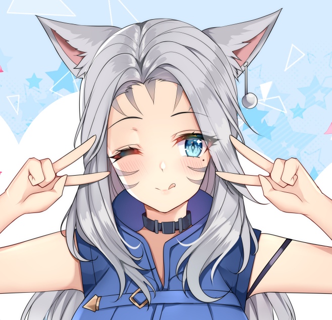 1girl animal_ears blue_eyes blush breasts closed_mouth collar commission diamond-shaped_pupils double_v emotional_engine_-_full_drive eyebrows_visible_through_hair facial_mark final_fantasy final_fantasy_xiv grey_hair jirafuru large_breasts long_hair looking_at_viewer mole mole_under_eye one_eye_closed sleeveless smile solo symbol-shaped_pupils tongue tongue_out v