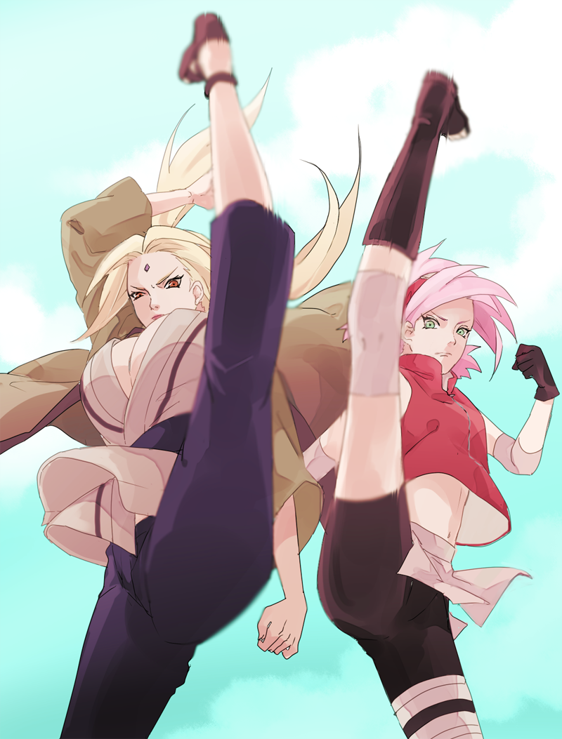 1girl 2girls axe_kick blonde_hair breasts facial_mark forehead_mark green_eyes haruno_sakura kicking large_breasts long_hair m0_ko multiple_girls naruto_(series) pink_hair short_hair tsunade