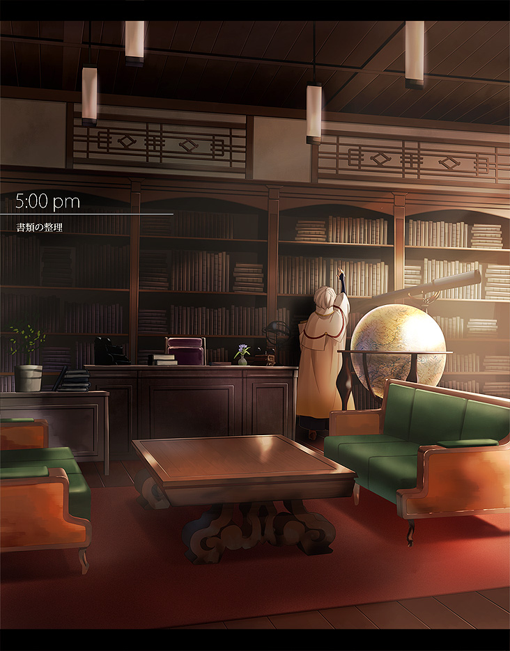 1other book bookshelf cape chair couch desk from_behind globe houhou_(black_lack) katsugeki/touken_ranbu office plant potted_plant saniwa_(katsugeki/touken_ranbu) telescope touken_ranbu translation_request white_hair