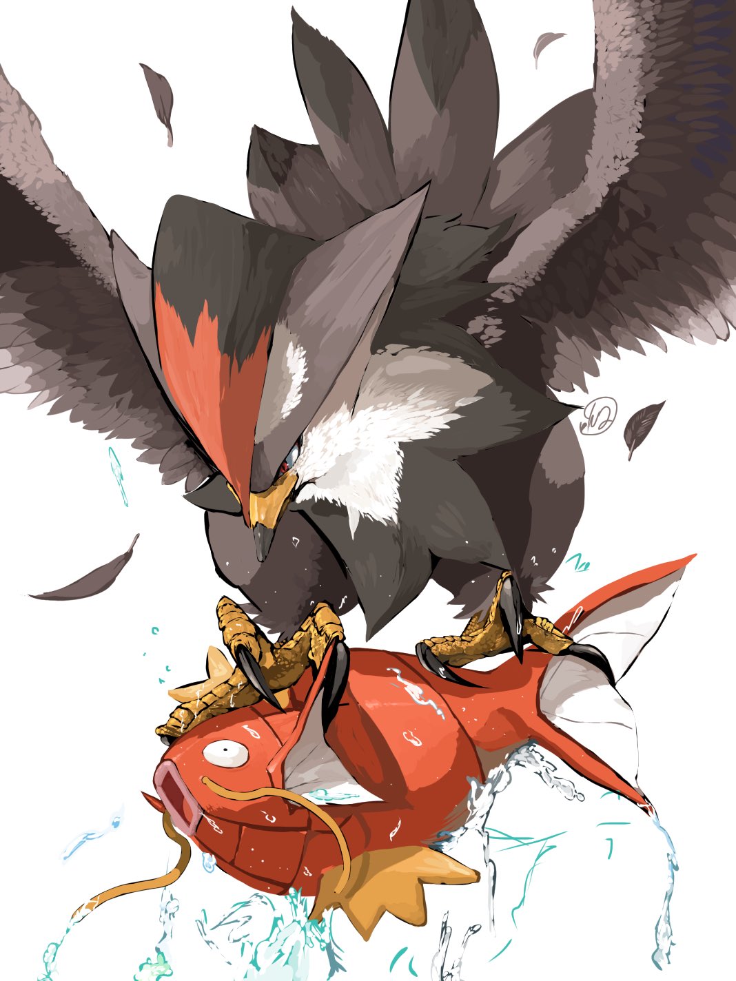 bird feathers fish flying gen_1_pokemon gen_4_pokemon highres magikarp pokemon pokemon_(creature) signature simple_background staraptor talons water white_background yuyu_ekaki_dayo