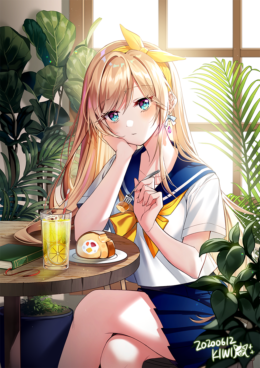 1girl aqua_eyes bangs blonde_hair blue_skirt book cake closed_mouth crossed_legs cup dated drink drinking_glass earrings eyebrows_visible_through_hair fern food fork fruit hair_ribbon hand_on_own_face highres holding holding_fork indoors jewelry kiwi_(pixiv6429539) leaf lemon lemon_slice long_hair original plant plate pleated_skirt potted_plant ribbon school_uniform serafuku shirt signature sitting skirt solo swiss_roll table thighs white_shirt window yellow_neckwear